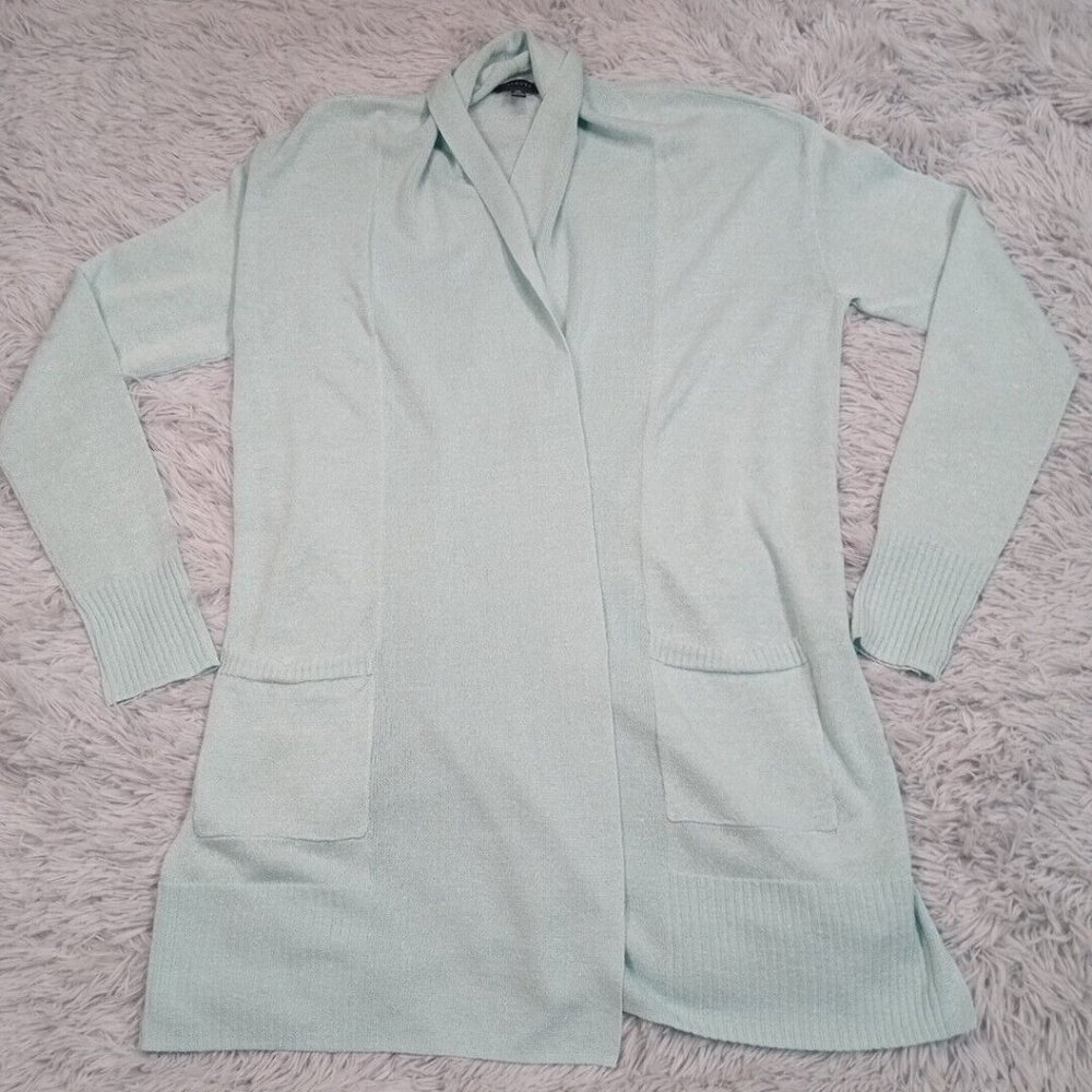 Talbots Womens Sweater Cardigan Blue XS Linen Open Front Knit Pockets